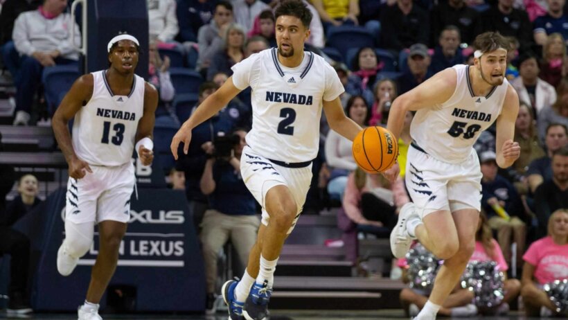 Nevada guard Jarod Lucas dribbling