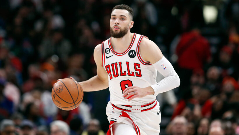 Chicago Bulls guard Zach LaVine dribbles up the court