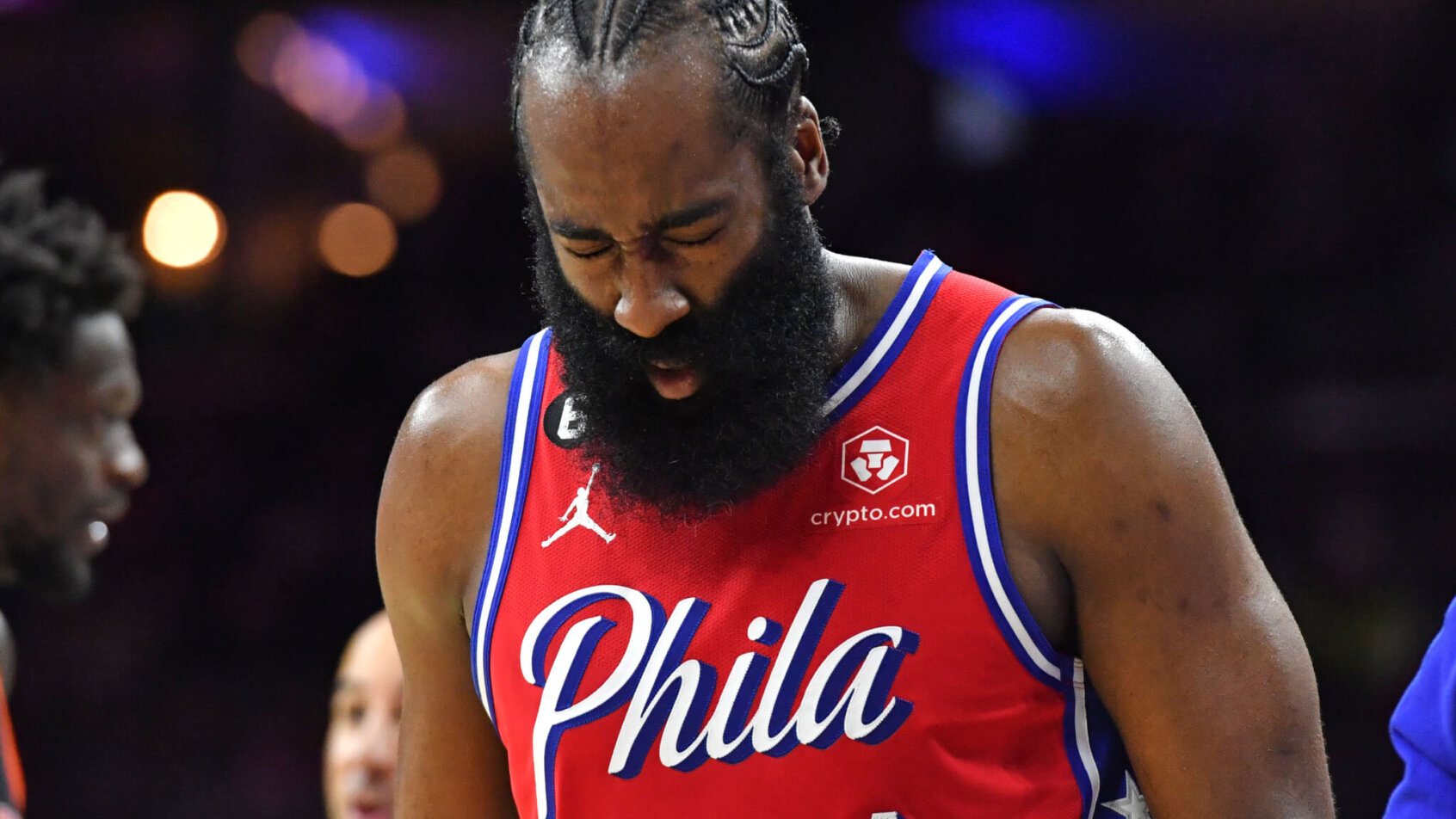 James Harden eyes closed in discomfort