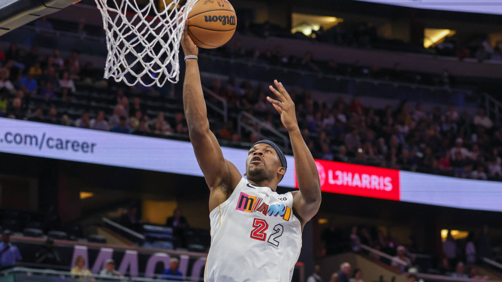 Miami Heat forward Jimmy Butler doing a layup