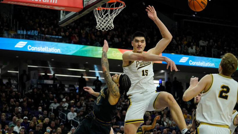 Purdue Boilermakers center Zach Edey blocking a shot
