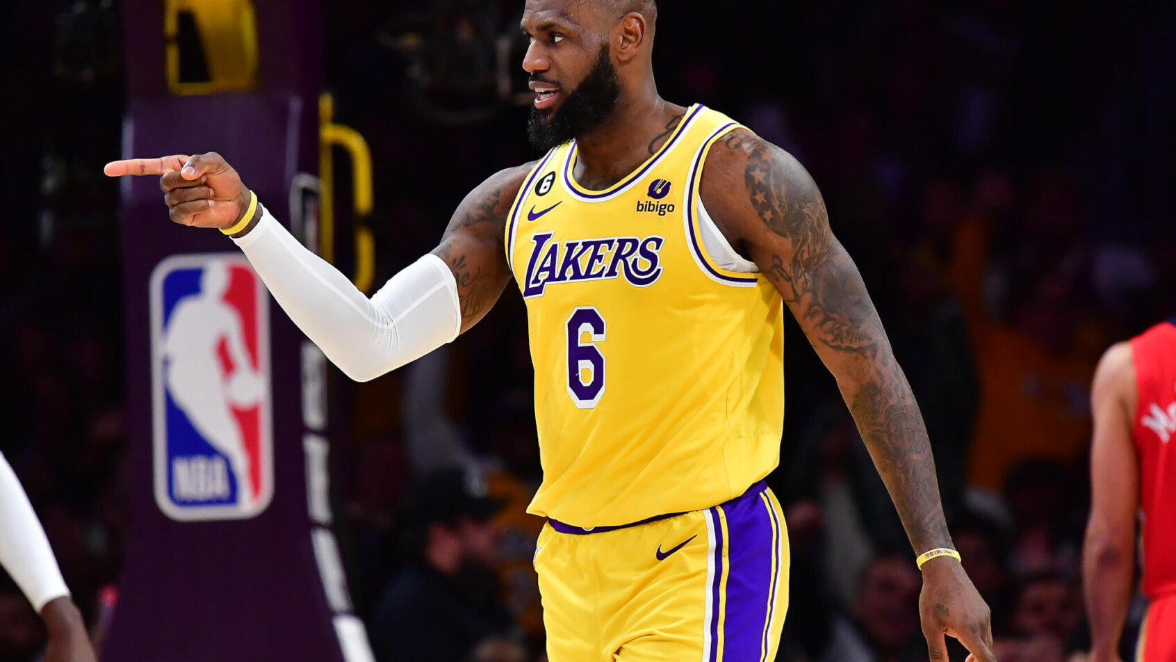 LeBron James acknowledges a teammate following a basket