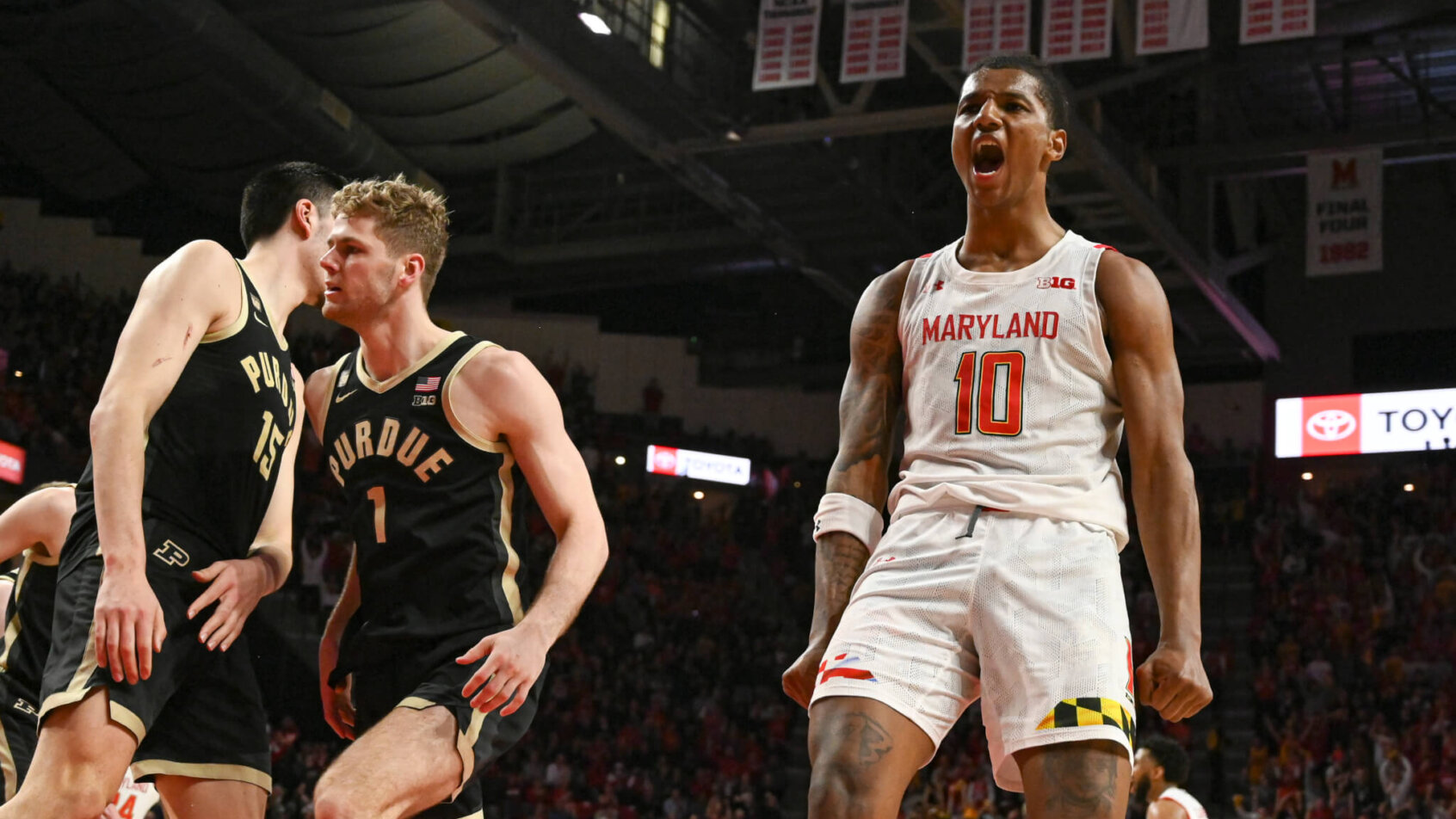 Julian Reese celebrates; Maryland Terrapins