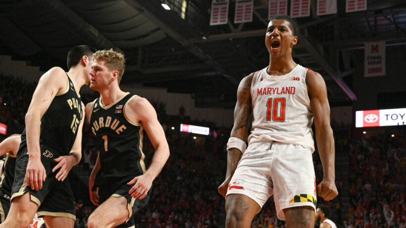 Julian Reese celebrates; Maryland Terrapins