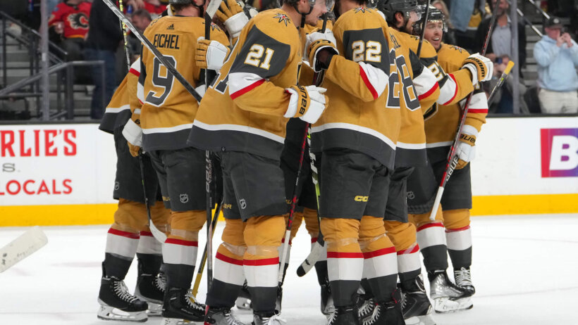 Vegas Golden Knights celebrating win over Calgary Flames