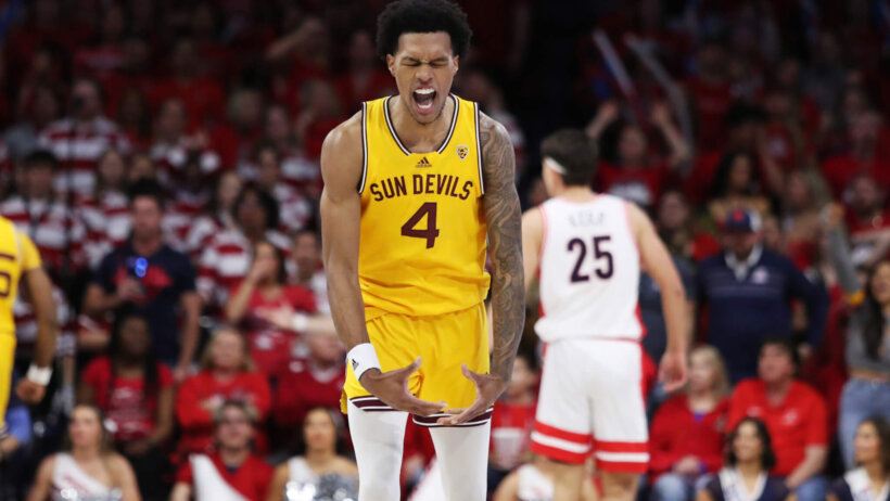 Arizona State Sun Devils guard Desmond Cambridge Jr celebrates a bucket