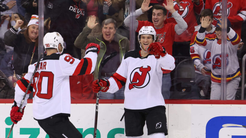 New Jersey Devils center Dawson Mercer celebrates his goal