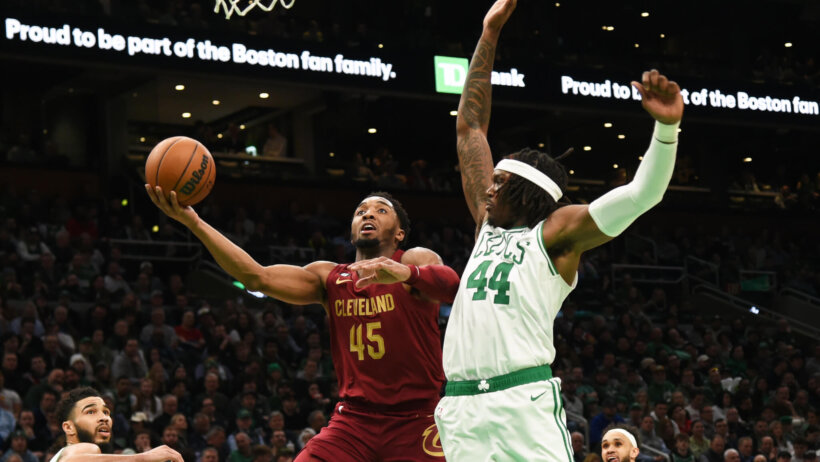 Donovan Mitchell drives basket; Cleveland Cavaliers