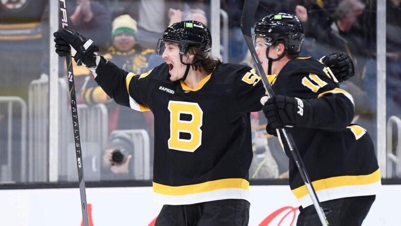 Boston Bruins teammates celebrate.