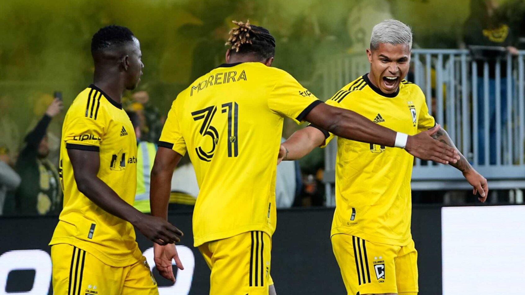 Columbus Crew forward Cucho Hernandez (9), defender Steven Moreira (31) and midfielder Yaw Yeboah (14) celebrate a goal