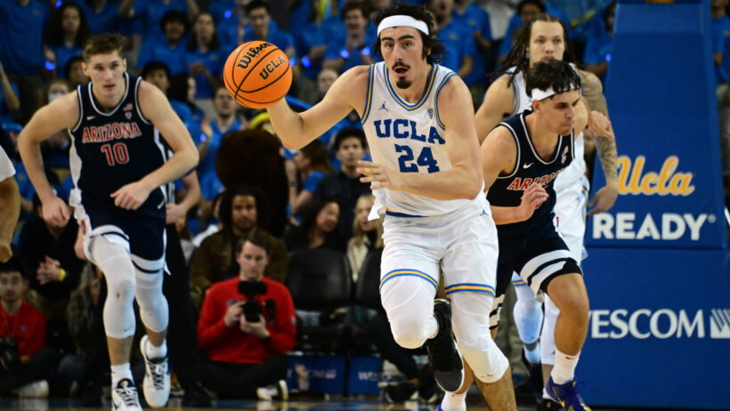 UCLA Bruins guard Jaime Jaquez Jr dribbles up the court