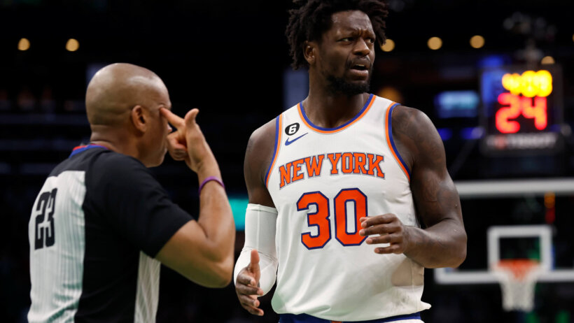New York Knicks forward Julius Randle reacts after a foul call