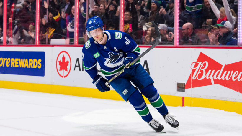 Vancouver Canucks forward Elias Pettersson celebrates his shootout goal