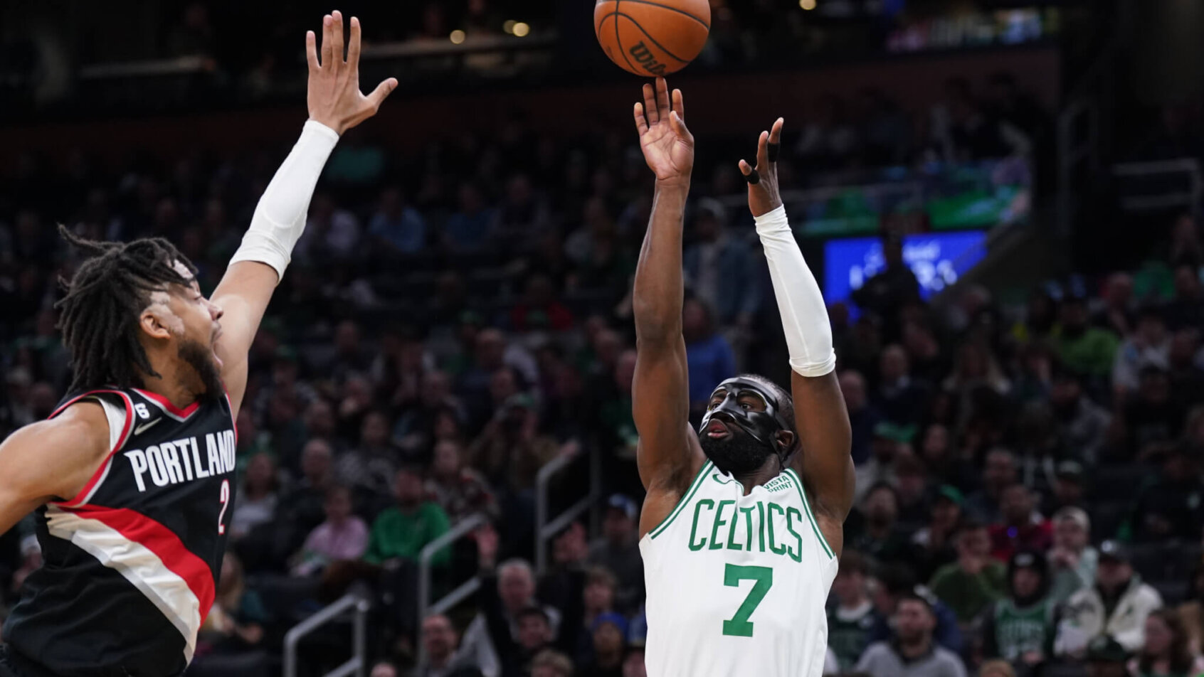 Boston Celtics guard Jaylen Brown rises up for a jumper.