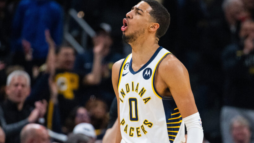 Indiana Pacers guard Tyrese Haliburton yelling