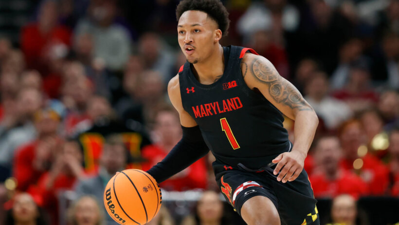 Maryland Terrapins guard Jahmir Young dribbles up the court
