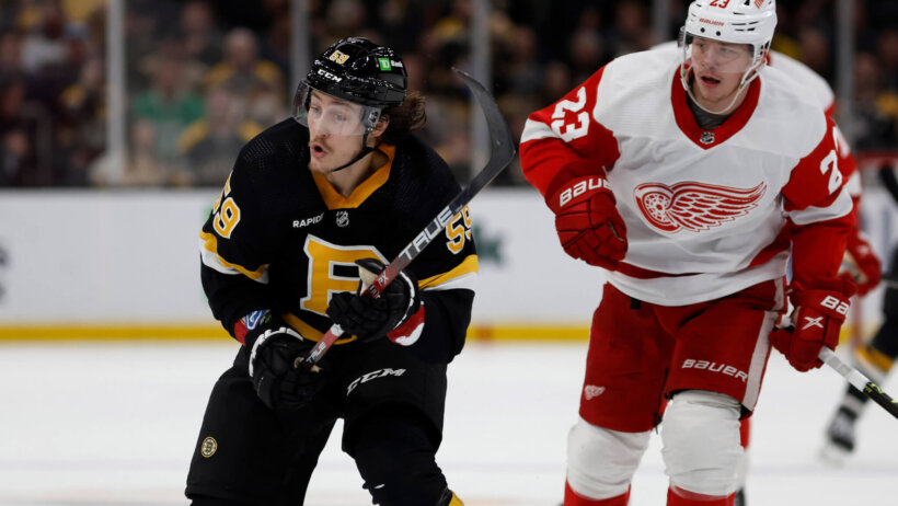 Boston Bruins left wing Tyler Bertuzzi skates against his former team, the Detroit Red Wings