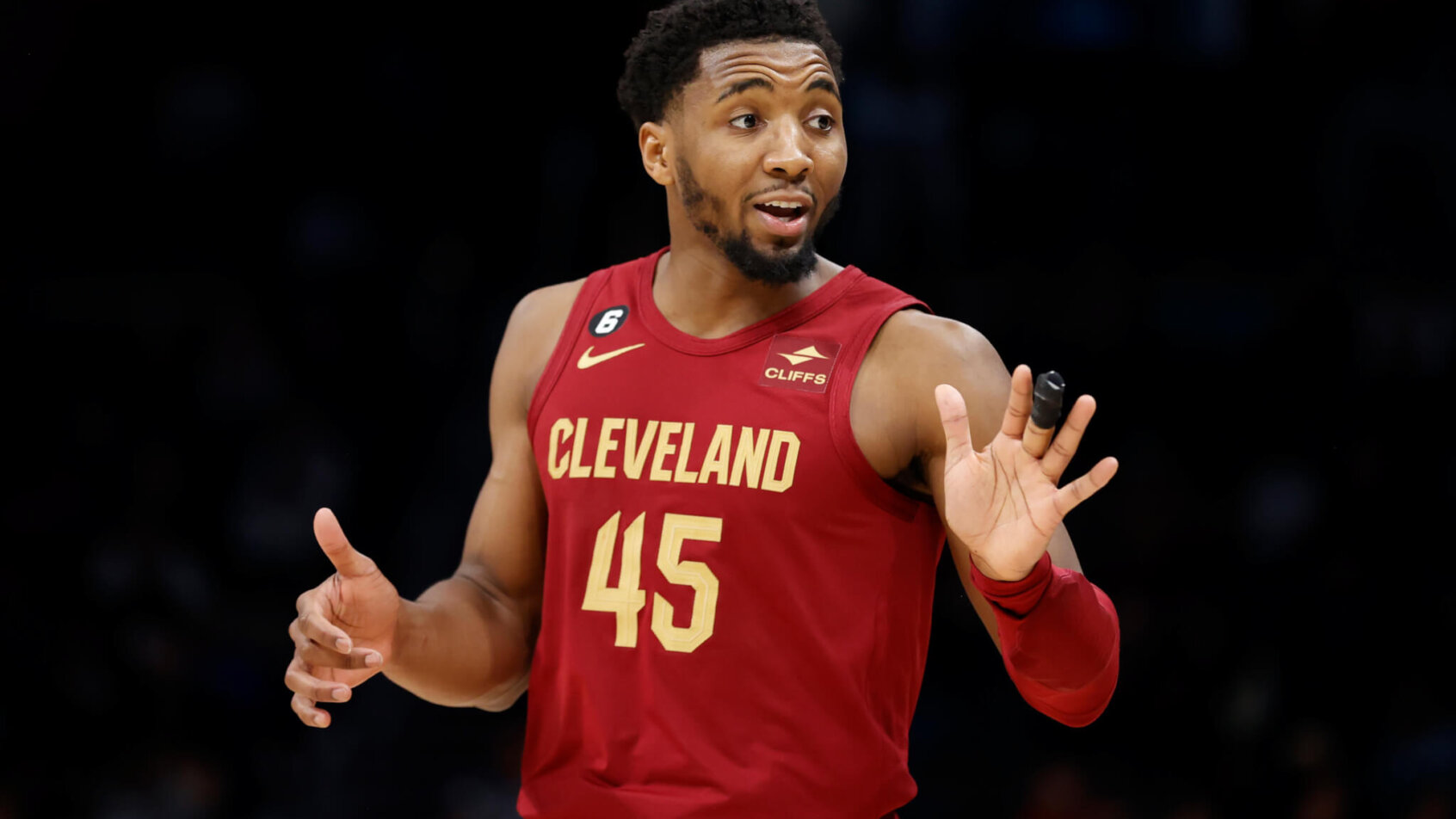 Cleveland Cavaliers guard Donovan Mitchell gesturing
