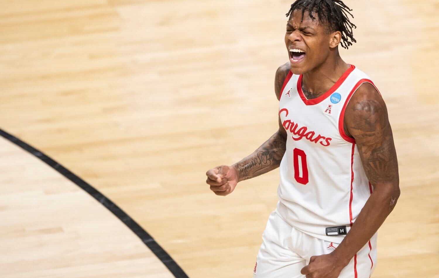 Houston Cougars guard Marcus Sasser celebrating a bucket