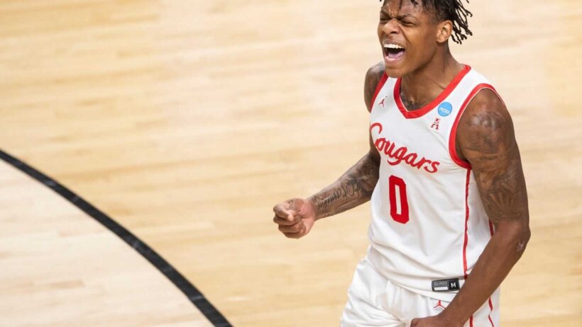 Houston Cougars guard Marcus Sasser celebrating a bucket