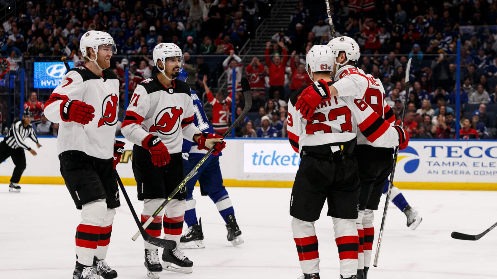 New Jersey Devils players celebrate a goal