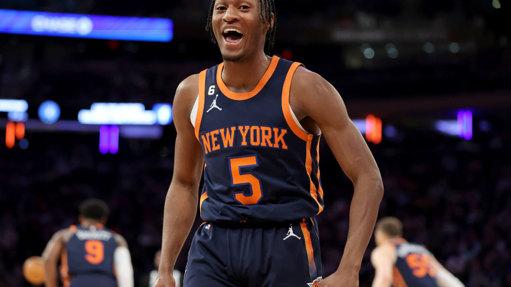 New York Knicks guard Immanuel Quickley yelling