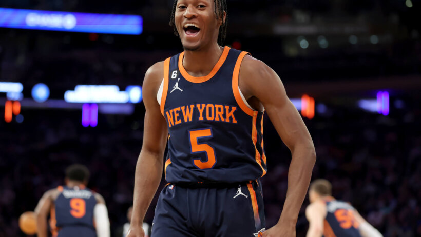 New York Knicks guard Immanuel Quickley yelling