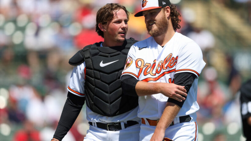 Baltimore Orioles players Adley Rutschman and Cole Irvin.