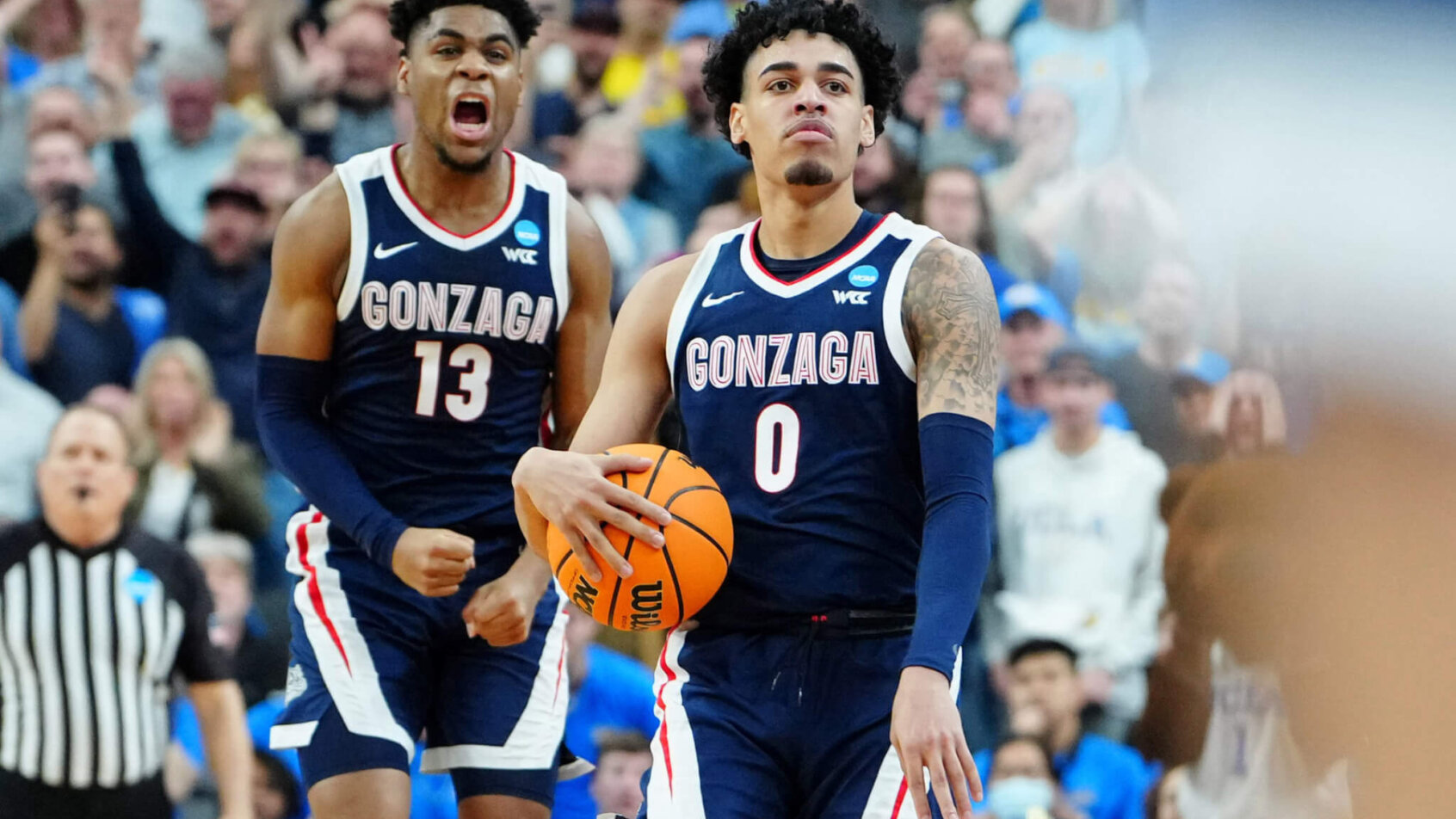 Gonzaga Bulldogs guard Julian Strawther staring