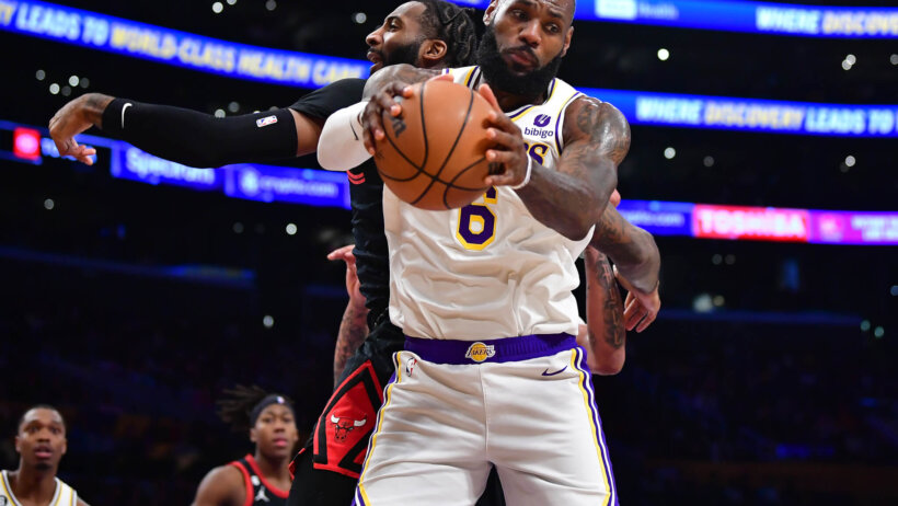 Los Angeles Lakers forward LeBron James grabs a rebound