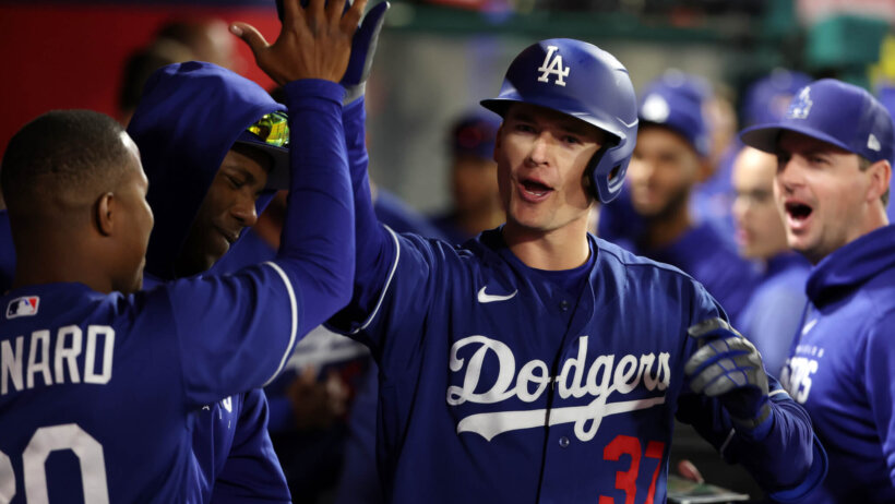 Dodgers players celebrate during Spring Training.