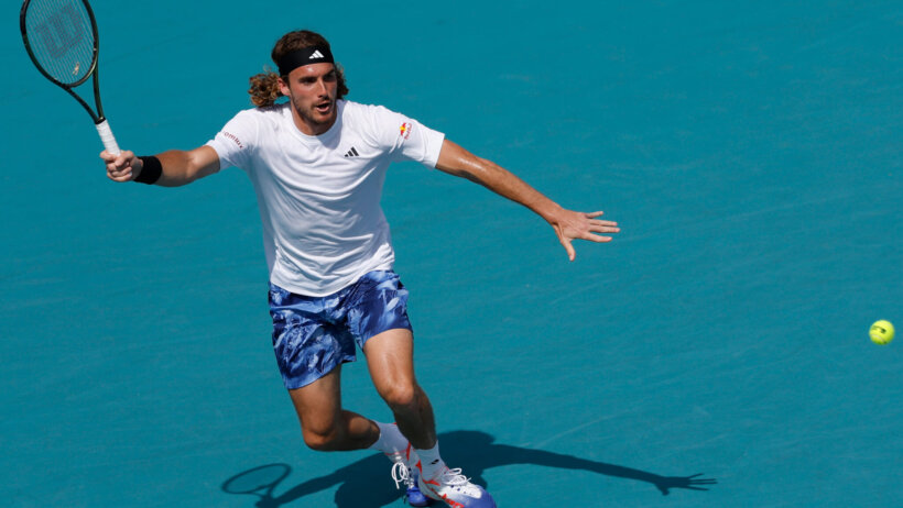 Stefanos Tsitsipas lining up a return volley