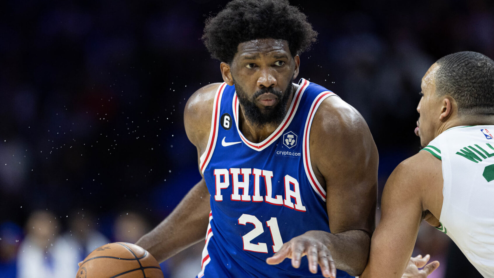 Philadelphia 76ers center Joel Embiid dribbling