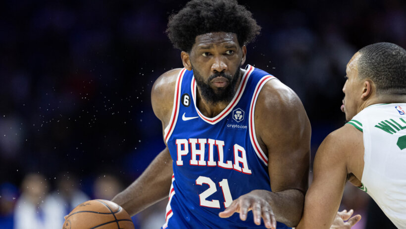 Philadelphia 76ers center Joel Embiid dribbling