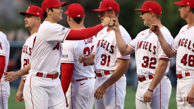 Los Angeles Angels players celebrating a win