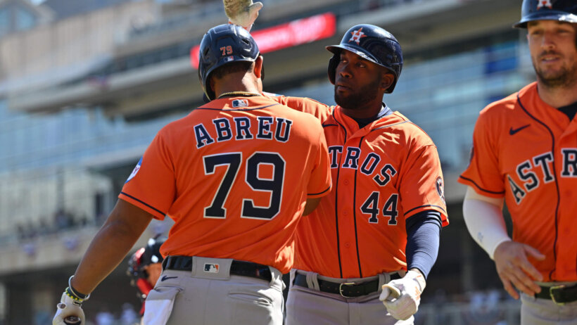 Houston Astros left fielder Yordan Alvarez celebrates a home run with first baseman Jose Abreu