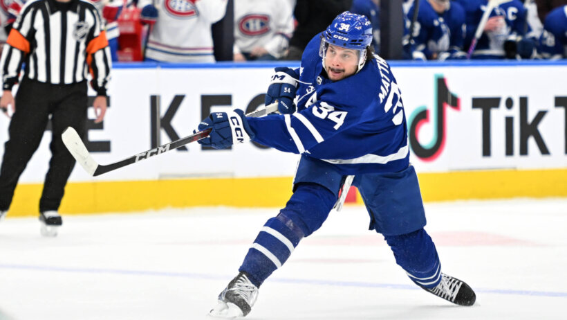 Toronto Maple Leafs forward Auston Matthews shoots the puck