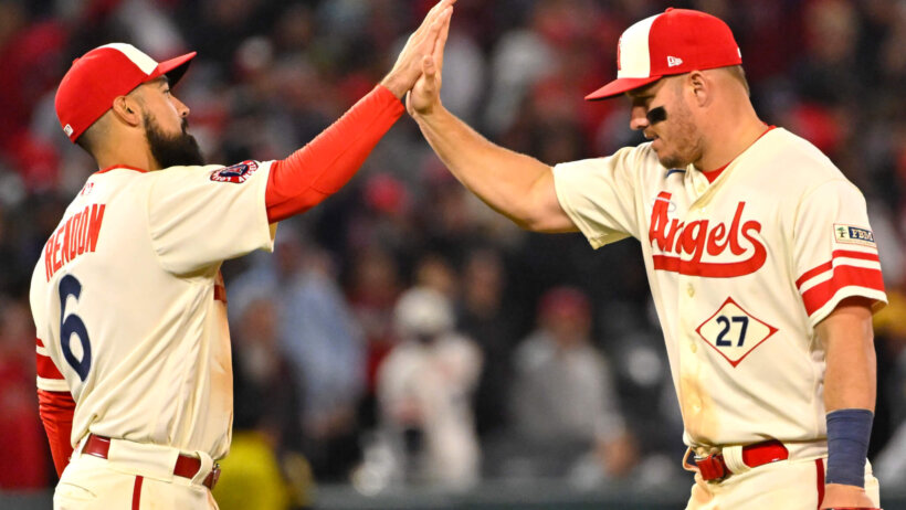 Mike Trout, Anthony Rendon celebrate; Los Angeles Angels