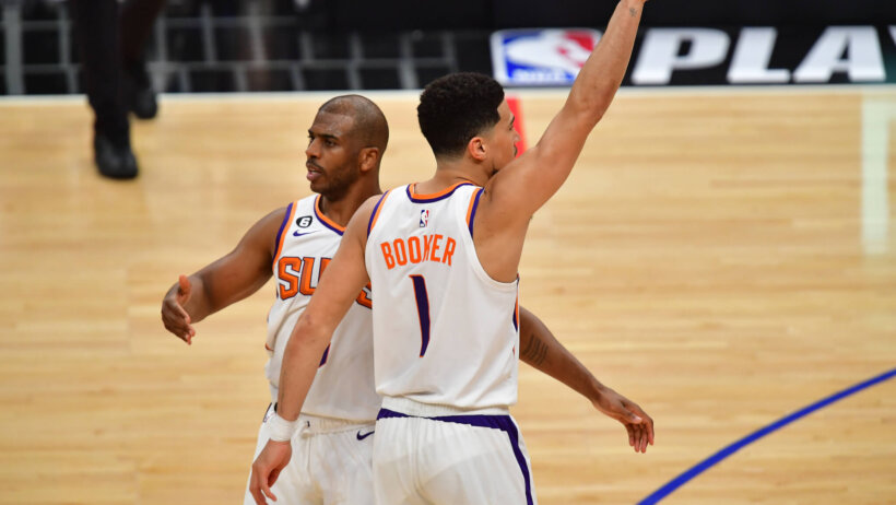 Phoenix Suns guard Devin Booker and Chris Paul during the NBA Playoffs.