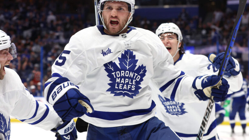 Toronto Maple Leafs center Alexander Kerfoot celebrates after he scored the games winning goal against the Tampa Bay Lightning