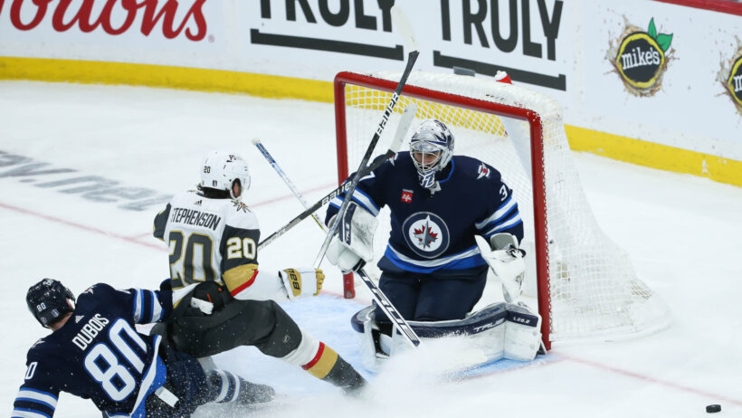 Vegas Golden Knights forward Chandler Stephenson and Winnipeg Jets forward Pierre-Luc Dubois