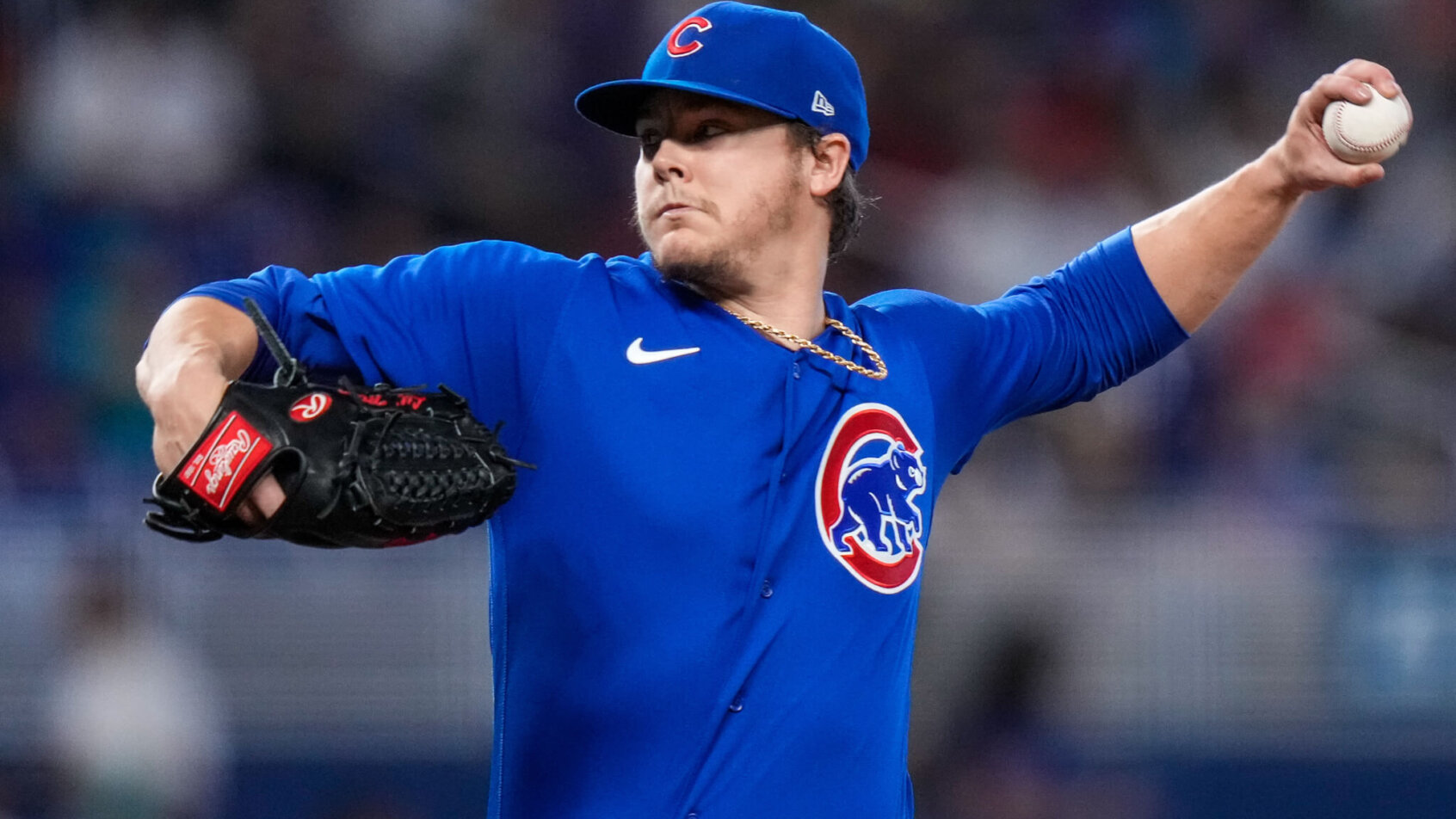 Chicago Cubs starting pitcher Justin Steele mid-pitch