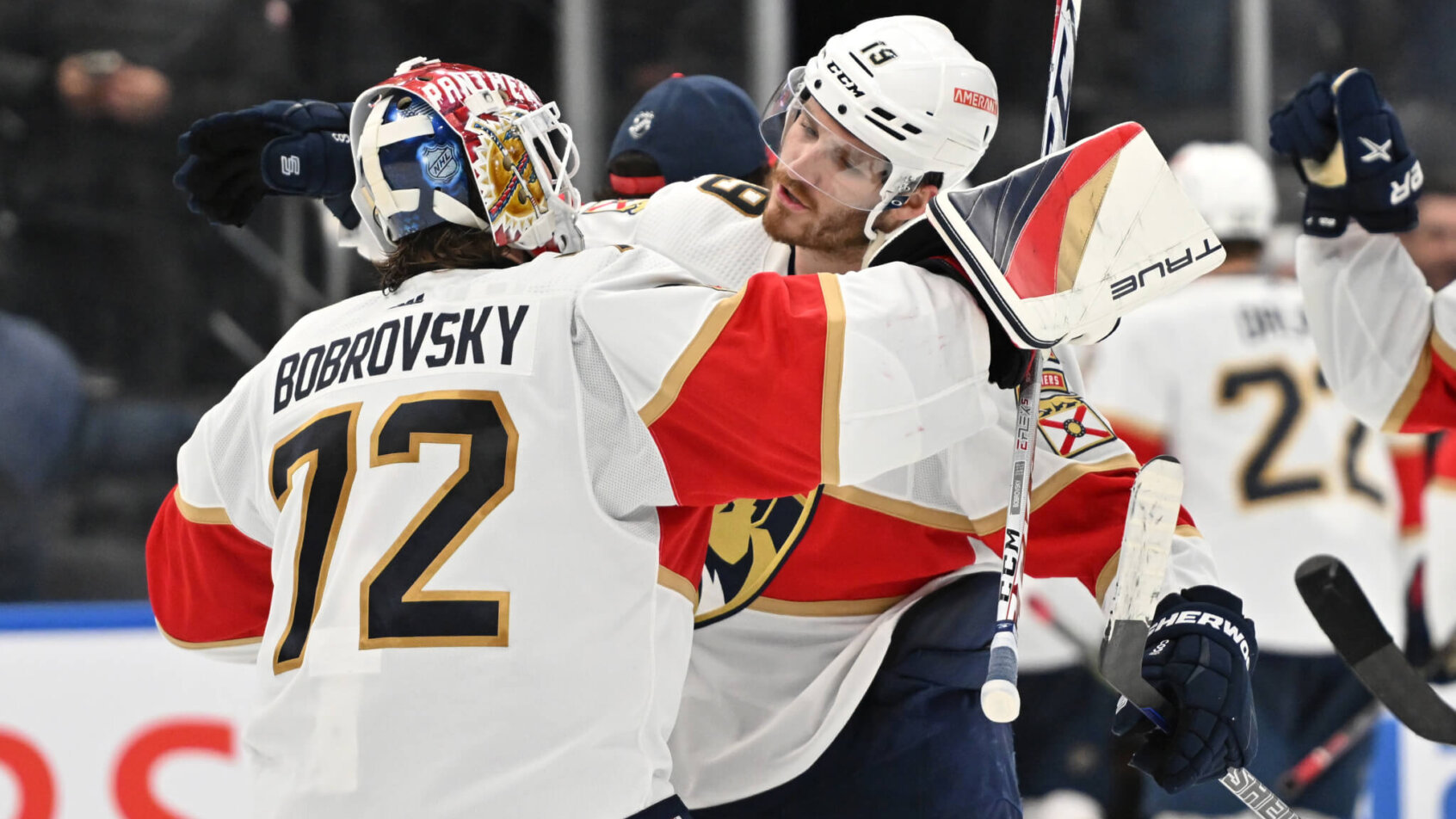 Florida Panthers goalie Sergei Bobrovsky and forward Matthew Tkachuk celebrate after a win over the Toronto Maple Leafs