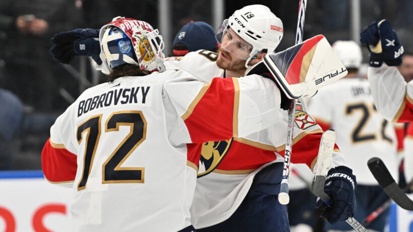 Florida Panthers goalie Sergei Bobrovsky and forward Matthew Tkachuk celebrate after a win over the Toronto Maple Leafs