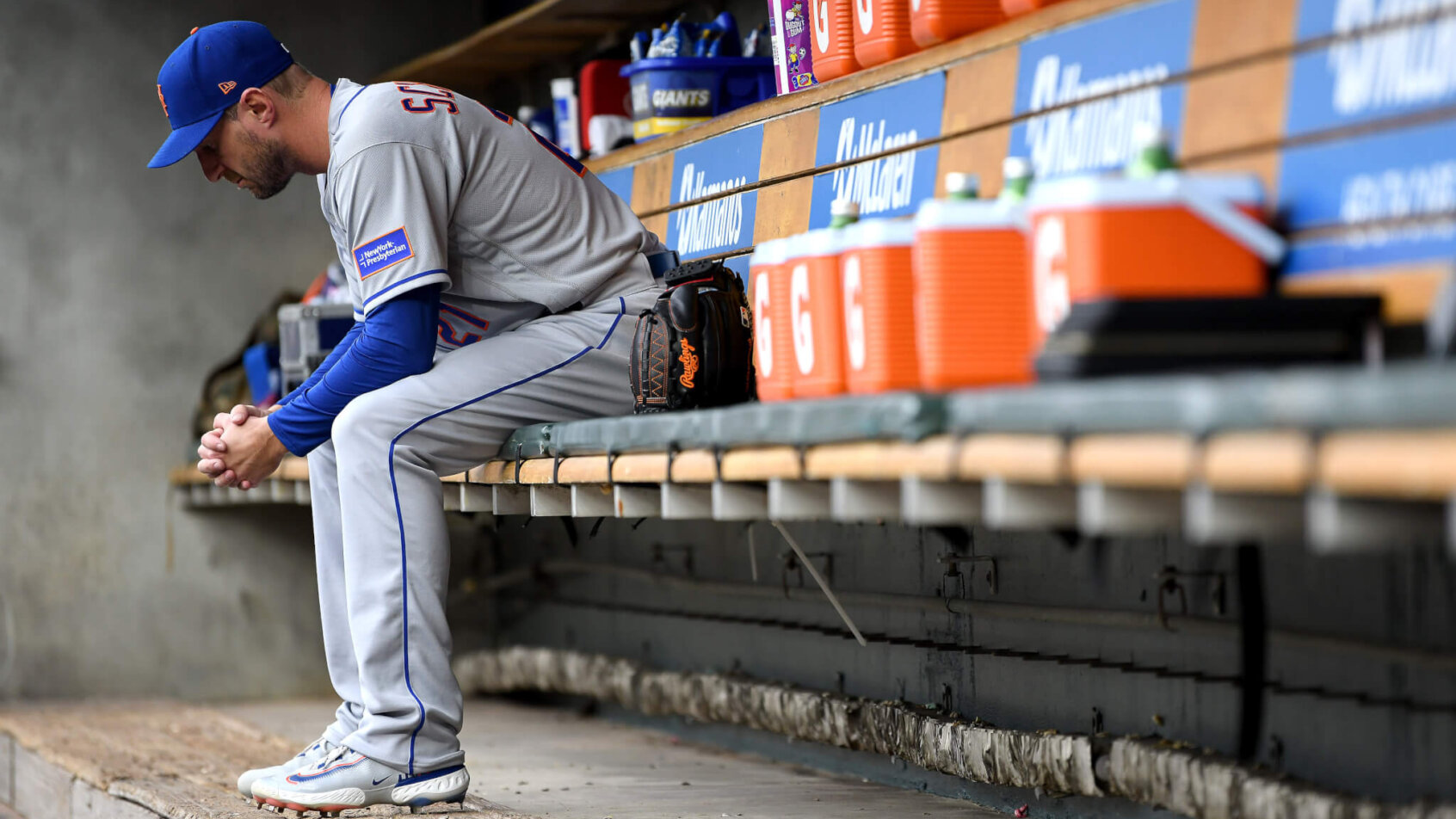New York Mets starting pitcher Max Scherzer in the dugout