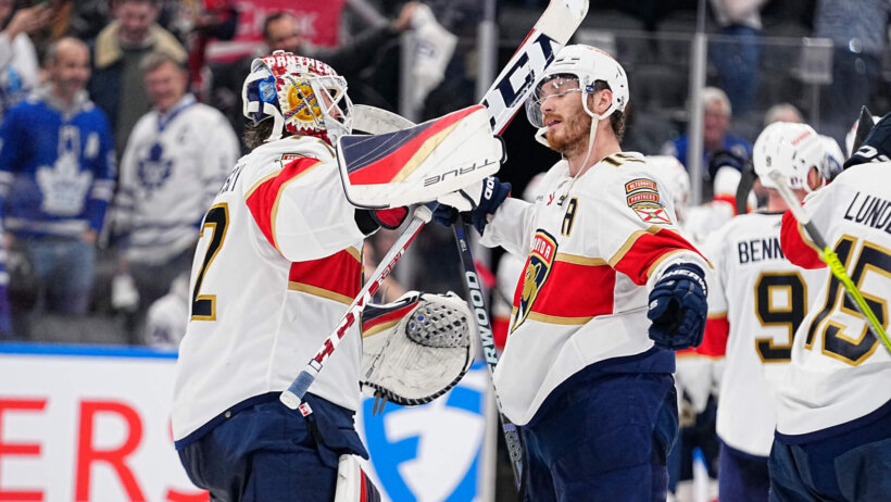 Florida Panthers forward Matthew Tkachuk and goaltender Sergei Bobrovsky celebrate a win
