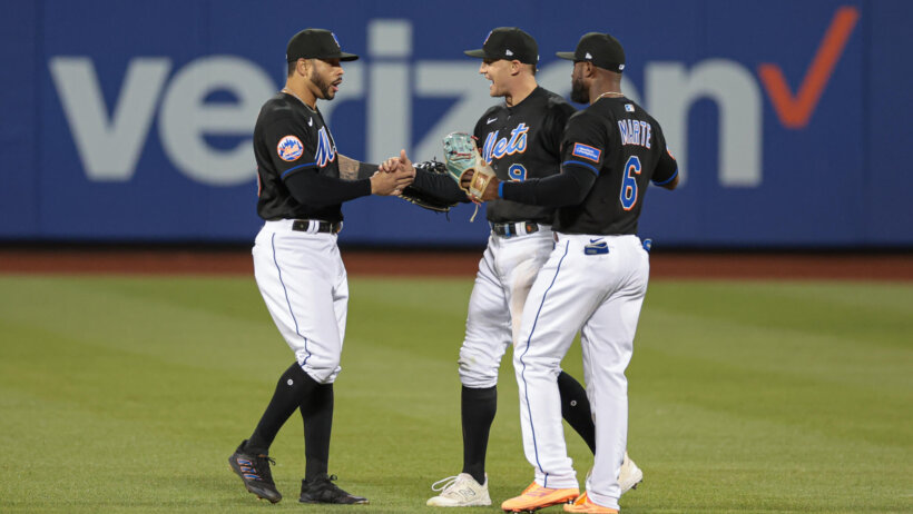 Rockies vs Mets. New York Mets designated hitter Tommy Pham (28) and center fielder Brandon Nimmo (9) and right fielder Starling Marte (6)
