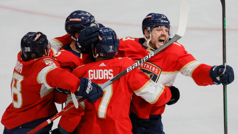 Florida Panthers center Sam Reinhart celebrates overtime goal against Toronto Maple Leafs