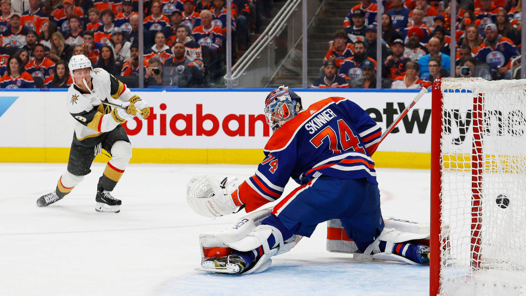 Vegas Golden Knights forward Jack Eichel scores a goal during the second period against Edmonton Oilers goaltender Stuart Skinner