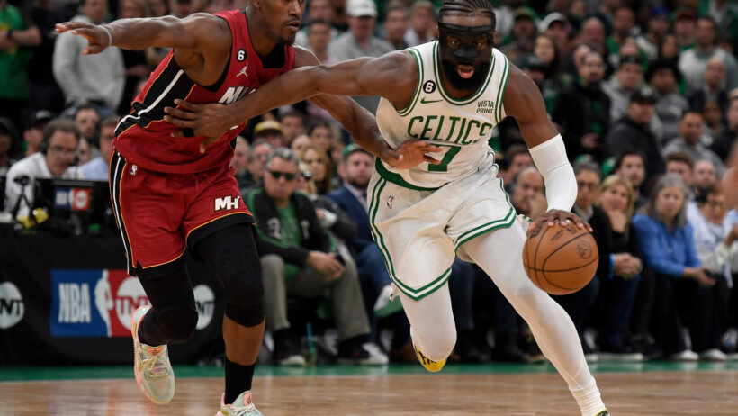 Jimmy Butler and Jaylen Brown during the Eastern Conference Finals.